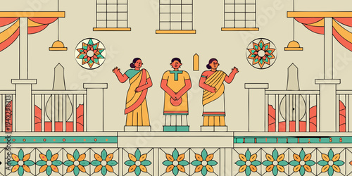 Illustration of three women in traditional indian attire on a balcony