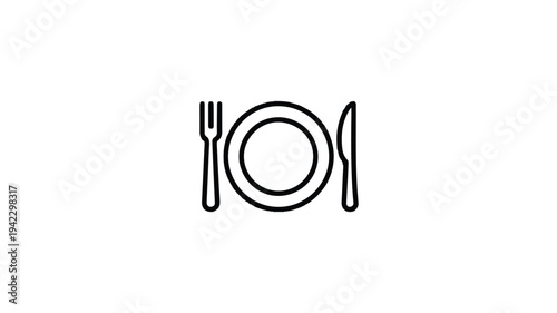 A minimalist line art icon representing a formal dining setting with a plate, fork, and knife, perfect for culinary themes