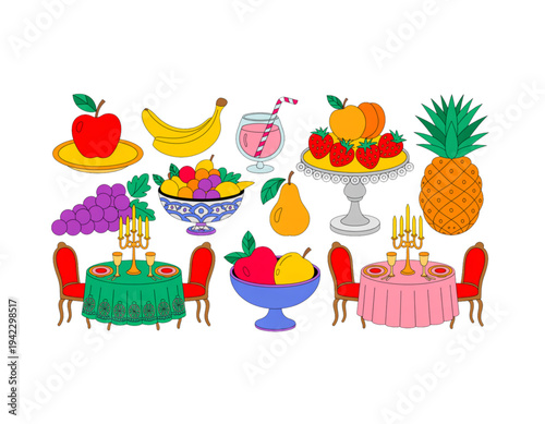 A colorful illustration of a fruit platter and two tables set for a festive meal on transparent background