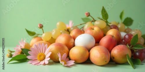 Abundant collection of ripe fruits and delicate blossoms arranged artfully against a serene pastel backdrop