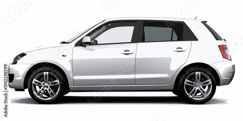 A white modern hatchback car is shown in a side profile view