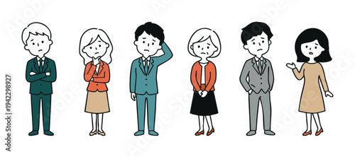 アイアンブラックの均一な細線で描かれたディープシーティールの服を着た男性とアプリコットオレンジを纏った女性が交互に並び全員が困った表情を浮かべる手描き風の、頭が大きく体が小さめでデフォルメされたビジネス人物イラストセット