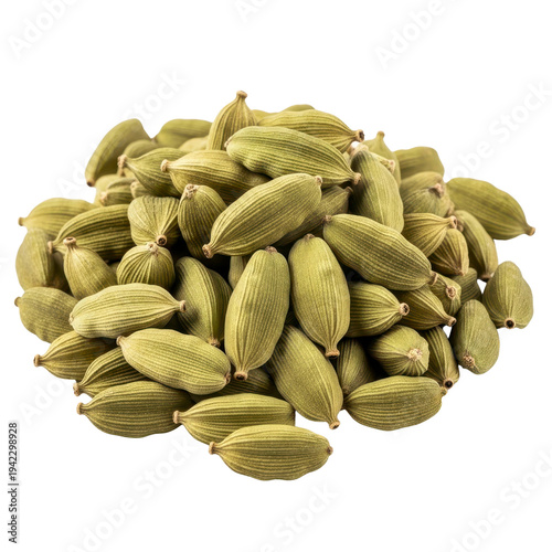 Pile of green cardamom pods isolated on white