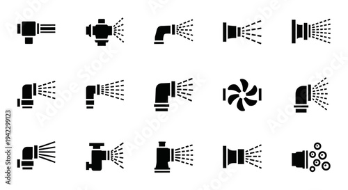 Collection of different types of spray nozzles and sprinklers for various applications including gardening and industrial uses
