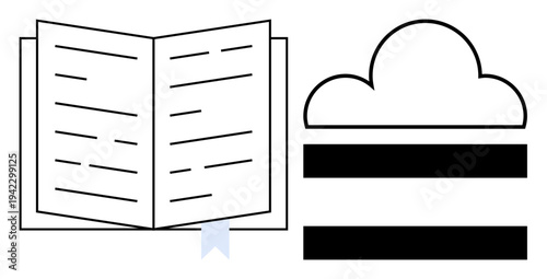 Open book with visible text and bookmark next to a cloud icon with lines below. Ideal for education, e-learning, cloud storage, digital library, online reading, knowledge management, simple flat