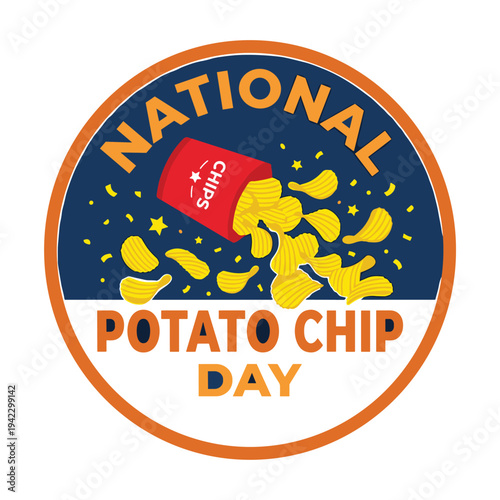 National potato chip day logo with chips pouring from red container surrounded by stars