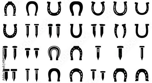 Diverse collection of classic horseshoes and matching nails, presented as graphic silhouettes; perfect for themes of luck, equine tradition, and vintage blacksmith symbols