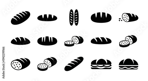 Collection of diverse bread types, showcasing various loaves, baguettes, and sliced bread, perfect for culinary and baking themes