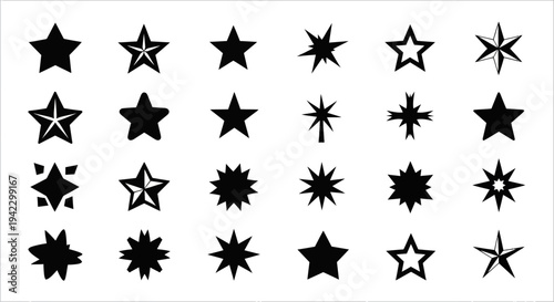 Varied collection of black star vector icons in celestial, sparkling, and geometric designs, ideal for creative projects, rating systems, awards, and festive decorations