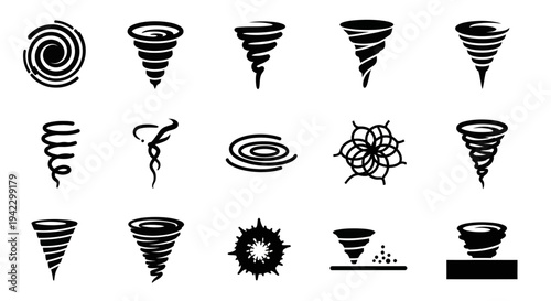 Dynamic collection of abstract swirl and vortex icons, perfect for representing motion, energy, and circular flow in graphic design projects and digital interfaces
