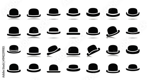 An elegant array of classic black bowler hats, each subtly angled to create a dynamic grid of iconic headwear suitable for diverse design projects