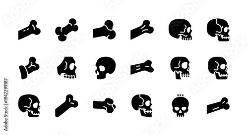 A comprehensive collection of black silhouette icons featuring human skulls and various bones, ideal for anatomy, Halloween, medical, or gothic design projects and illustrations