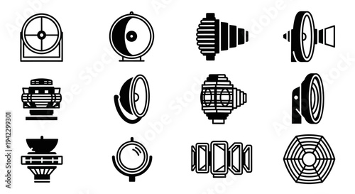 Collection of Industrial Fans and Ventilation Systems Icons Cooling, Airflow, and Mechanical Equipment