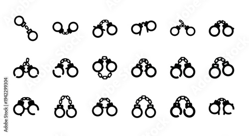 Collection of various handcuff icons representing restraint and law enforcement, presented in a clean, graphic style