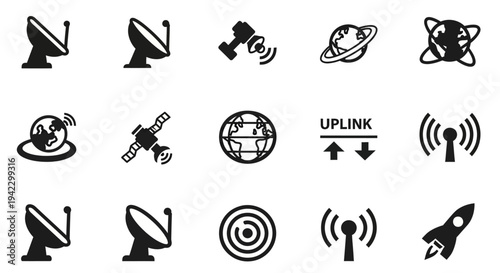 Collection of Satellite and Communication Icons Featuring Satellites, Earth, and Signal Transmission Symbols