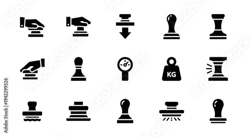Collection of Rubber Stamp and Seal Icons Representing Stamping and Marking Actions in a Business Context