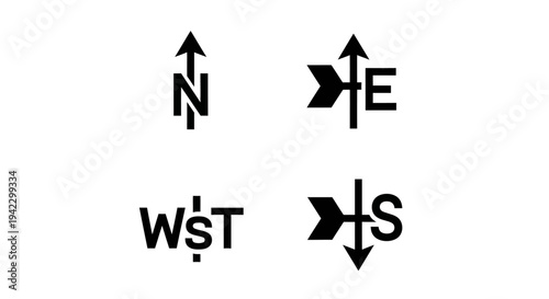 Collection of sleek black and white vector arrow icons indicating cardinal directions North, East, West, and South, ideal for maps, navigation, and user interface design elements