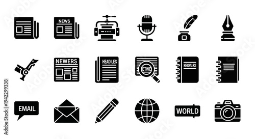 Comprehensive set of black flat vector icons for modern communication, news media, global information, and digital interaction concepts, perfect for web and app design