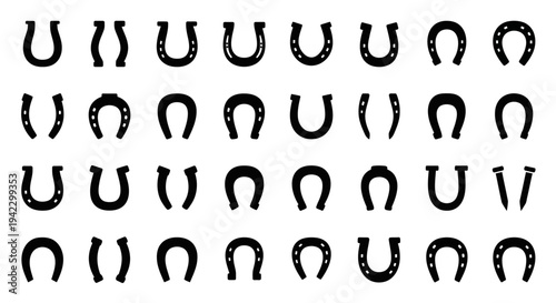A collection of horseshoe silhouette icons, showcasing the iconic U-shaped metal shoe used for horseshooved animals
