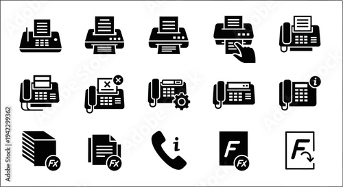 Set of icons representing office equipment, including fax machines, printers, telephones, and document icons, ideal for digital design and user interfaces