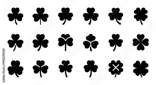 Collection of black vector icons featuring stylized three-leaf clovers and shamrocks. Ideal for designs with themes of luck, Irish culture, St. Patrick's Day, and natural elements