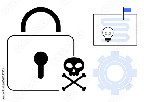 Cybersecurity concept. Cybersecurity illustrated with a padlock, skull, gear, and roadmap data security and threats. Cybersecurity for digital safety, strategies, and risk management. Usage in
