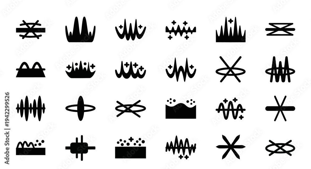 Obraz premium Collection of Black and White Abstract Graphic Symbols and Icons Representing Soundwaves, Music, and Energy