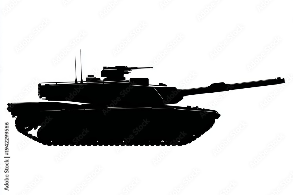 Fototapeta premium Military tank silhouette isolated on white background, armored combat vehicle and defense industry strategy concept