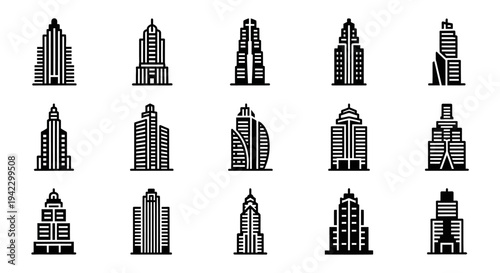 Collection of black and white pixel art illustrations of various modern and classic skyscrapers, perfect for urban design and city planning projects
