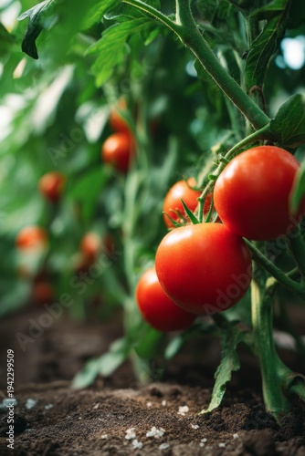 Ripe red tomatoes growing on vine in greenhouse, sustainable agriculture and fresh produce supply chain concept