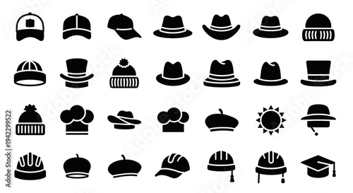 A comprehensive collection of diverse hat silhouettes, showcasing various headwear styles from everyday fashion to professional and protective gear, perfect for modern icon design