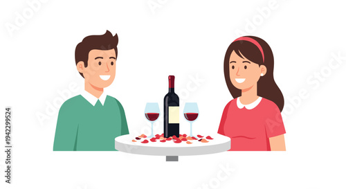A happy man and woman are seated at a white round table with a bottle of wine and rose petals on a clean background.