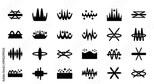 Collection of Black and White Abstract Graphic Symbols and Icons Representing Soundwaves, Music, and Energy