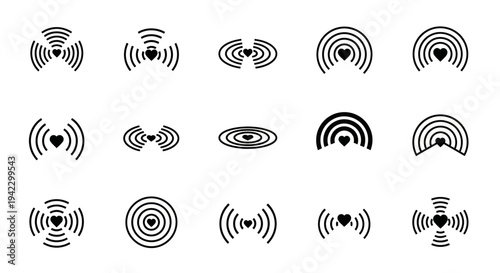 Collection of heart signal icons demonstrating love, connection, and wireless communication concepts through radiating wave patterns, suitable for digital interfaces and modern design projects