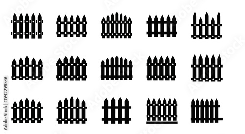 Collection of Black and White Picket Fence Icons for Diverse Design Applications