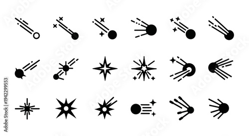 Elegant vector icon collection depicting celestial objects shooting stars, meteors, and sparkling stars. Ideal for space-themed graphic design, UI, and astronomy projects