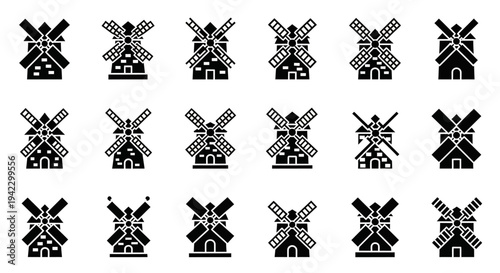 Diverse collection of windmill icons, showcasing various architectural styles and conceptual designs. Perfect for historical, energy, and environmental digital projects