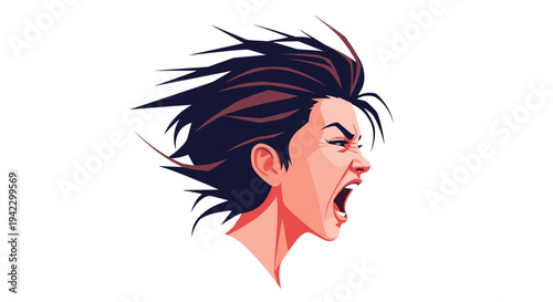 A stylized illustration of a person's head in profile, screaming intensely with dark hair dramatically blowing backward.