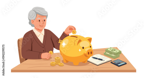 An elderly woman with grey hair puts gold coins into a shiny piggy bank on a wooden table with money and a calculator.