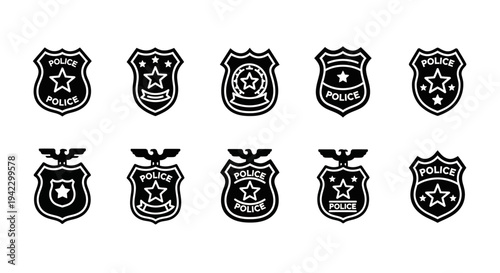 Collection of police badge icons, representing law enforcement symbols in black and white design