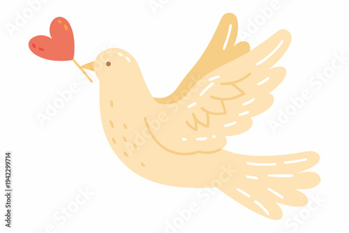 A pale yellow dove carries a red heart in its beak symbolizing peace