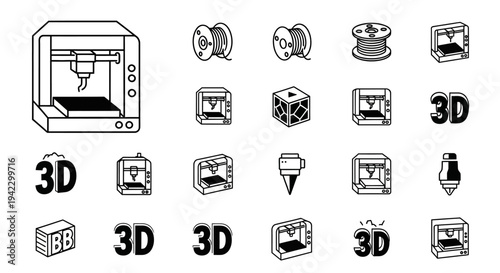 Dynamic 3D Printing Technology Icons Set Illustrating Advanced Manufacturing, Material Spools, and Innovative Design Concepts for Modern Creation