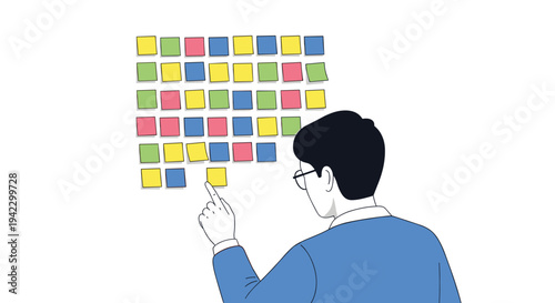 An illustrated man in a blue shirt and glasses points at a grid of colorful square sticky notes arranged on a white wall.