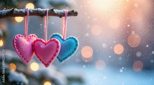 Hearts adorn a frosted branch amidst a gentle snowfall and warm bokeh lights, suggesting a serene moment of affection during winter