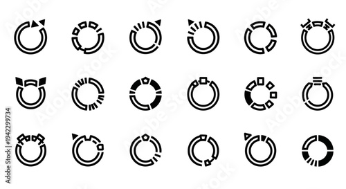 Collection of various loading and progress icons in simple black line art style on a clean background