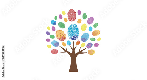 A stylized brown tree with numerous multi-colored fingerprints forming its foliage is centered against a plain white background.