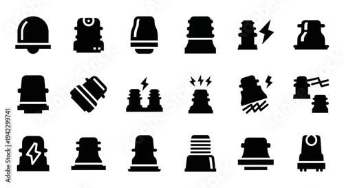 Collection of various black electrical insulator icons on a white background displayed from a direct viewpoint