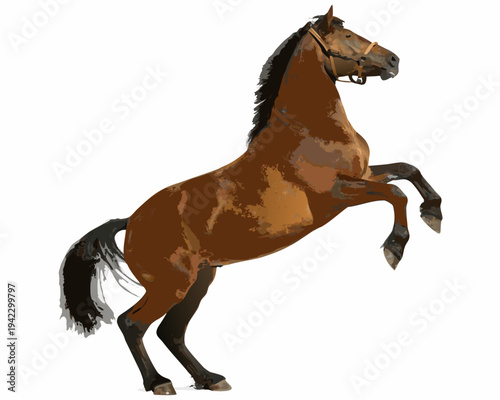 A majestic brown horse rearing up on its hind legs illustrated style