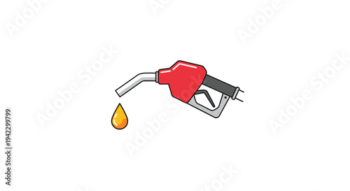 A red and gray gasoline pump nozzle with a single golden drop of fuel dripping from its tip is on a white background.