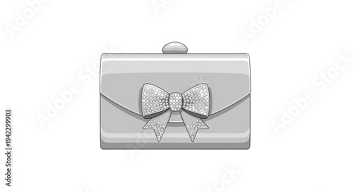 A sleek, rectangular gray clutch bag with a sparkling bow decoration on its front flap is isolated on a white background.